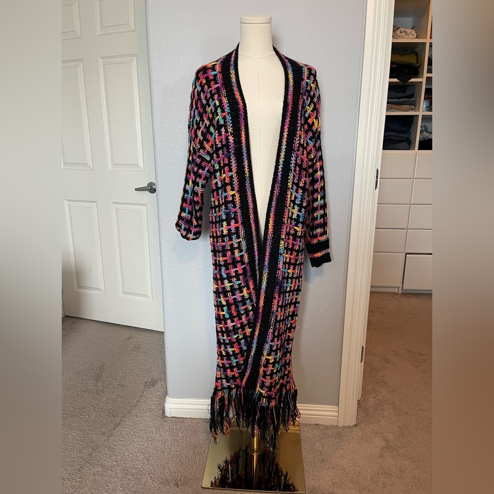 Long Fringe Open Front Multicolor Knit Cardigan Sweater